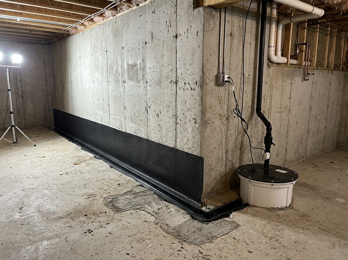 Interior basement waterproofing system with sump pump and drainage channel installed along a foundation wall