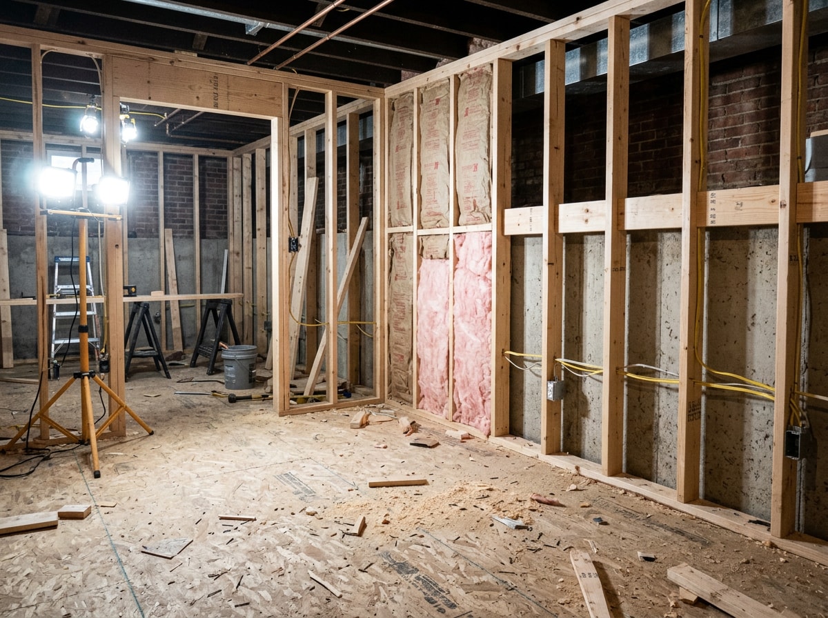 Basement renovation mid-construction showing framed walls, rough electrical wiring, and insulation ready for drywall
