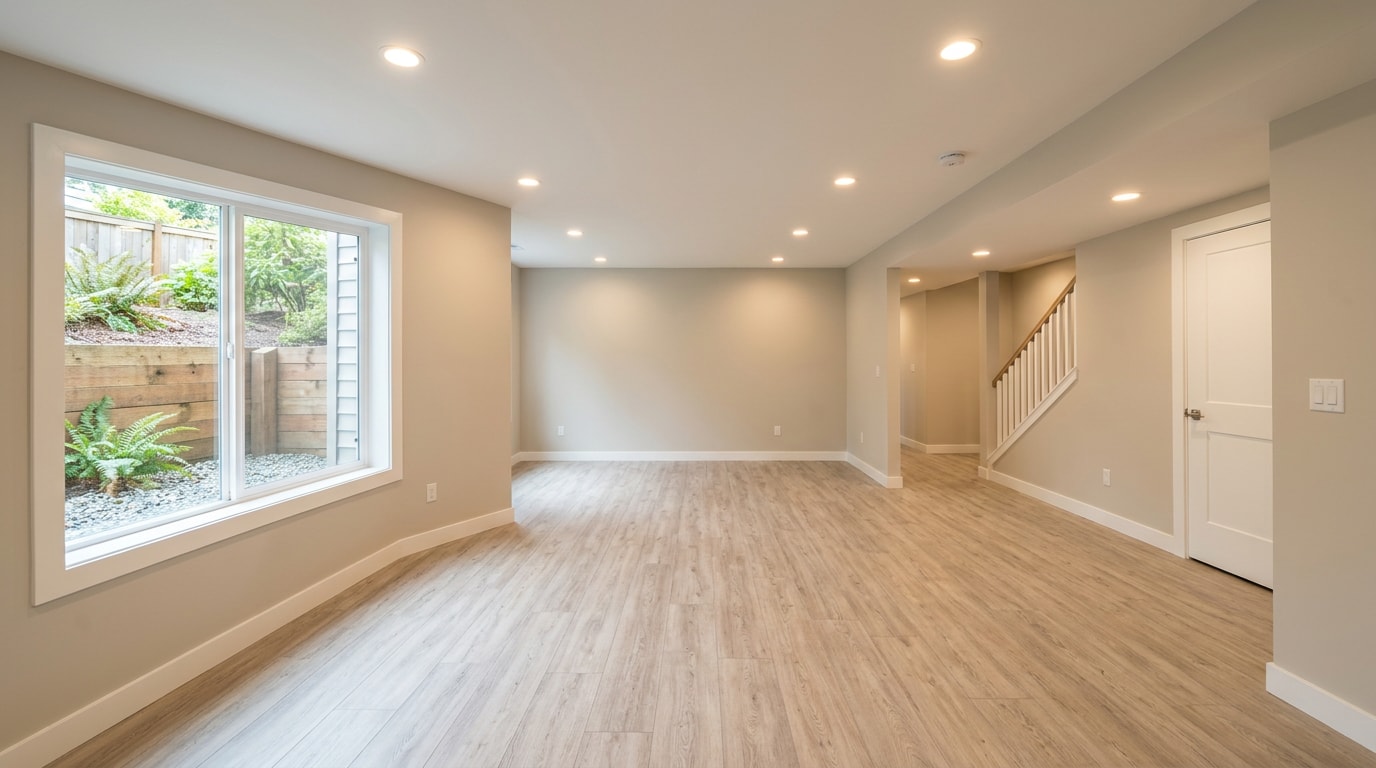 Finished basement renovation with new flooring, lighting, and egress window in a Bremerton, WA home