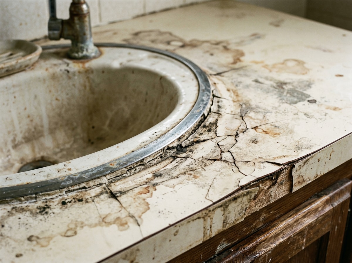 Worn bathroom countertop with visible cracks and water stains near the sink