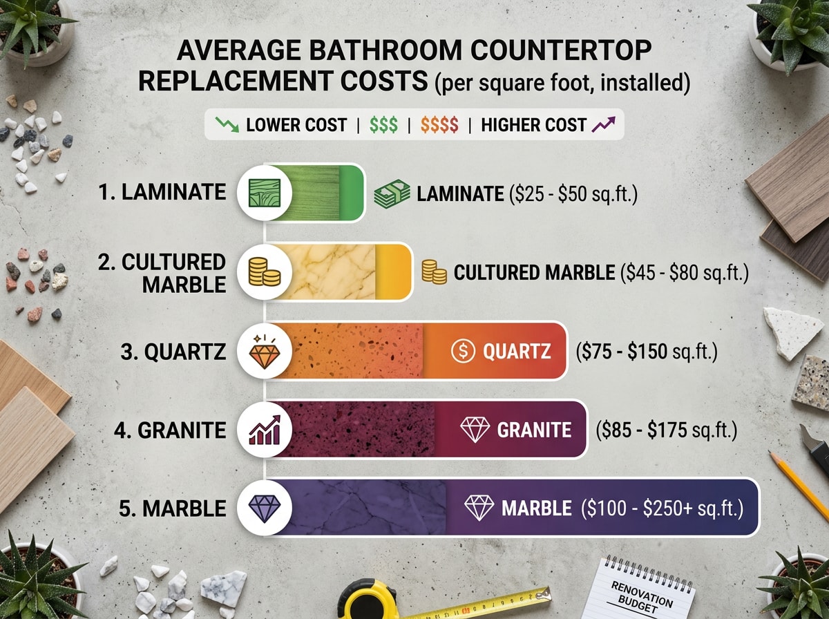 Bar chart comparing average bathroom countertop replacement costs by material type