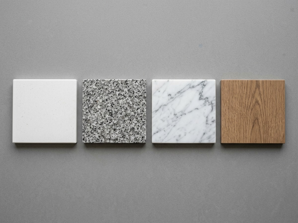 Side-by-side comparison of quartz, granite, marble, and laminate countertop swatches