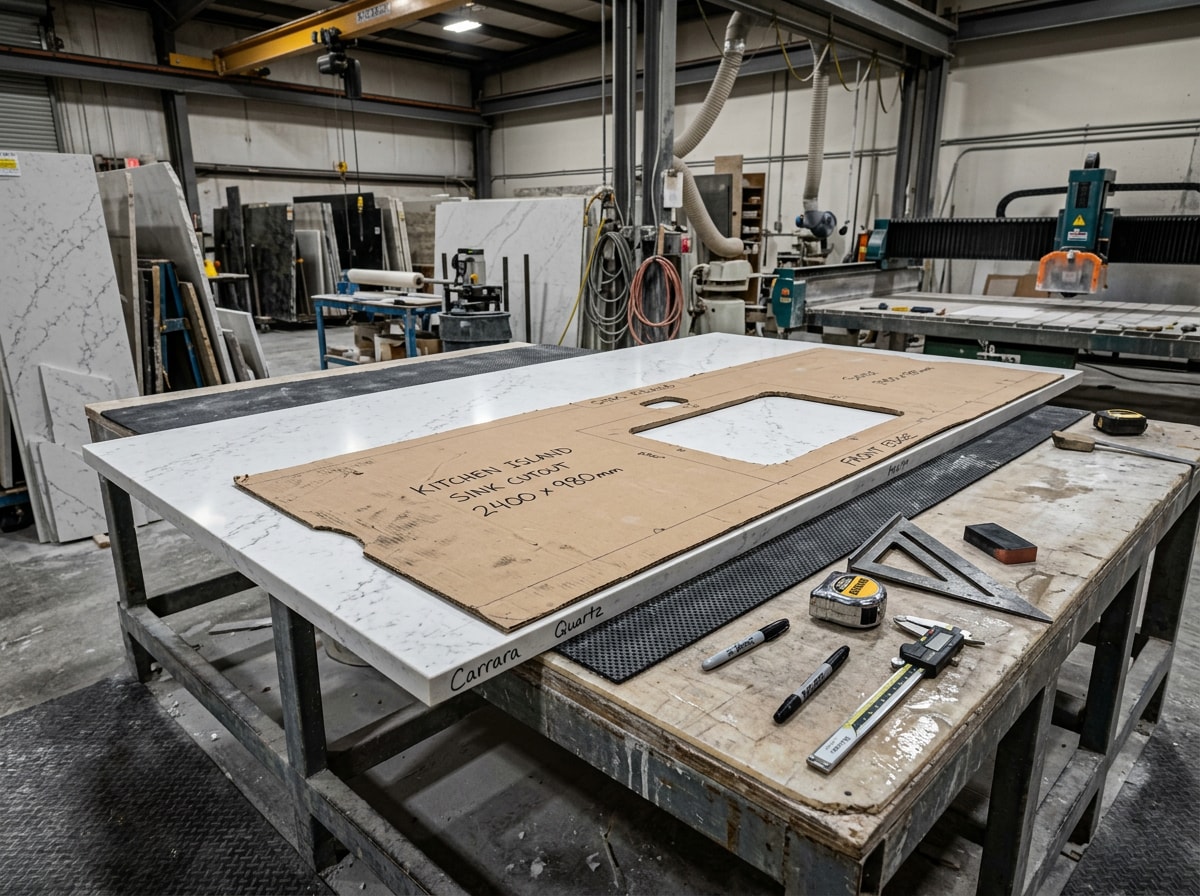 Fabricator templating a bathroom countertop before cutting the final slab