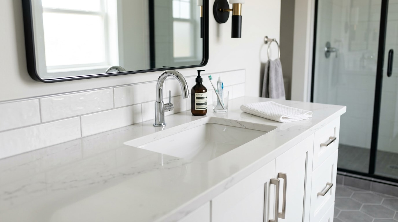 Newly installed quartz bathroom vanity countertop in a modern Auburn, WA bathroom Newly installed quartz bathroom vanity countertop in a modern Auburn, WA bathroom
