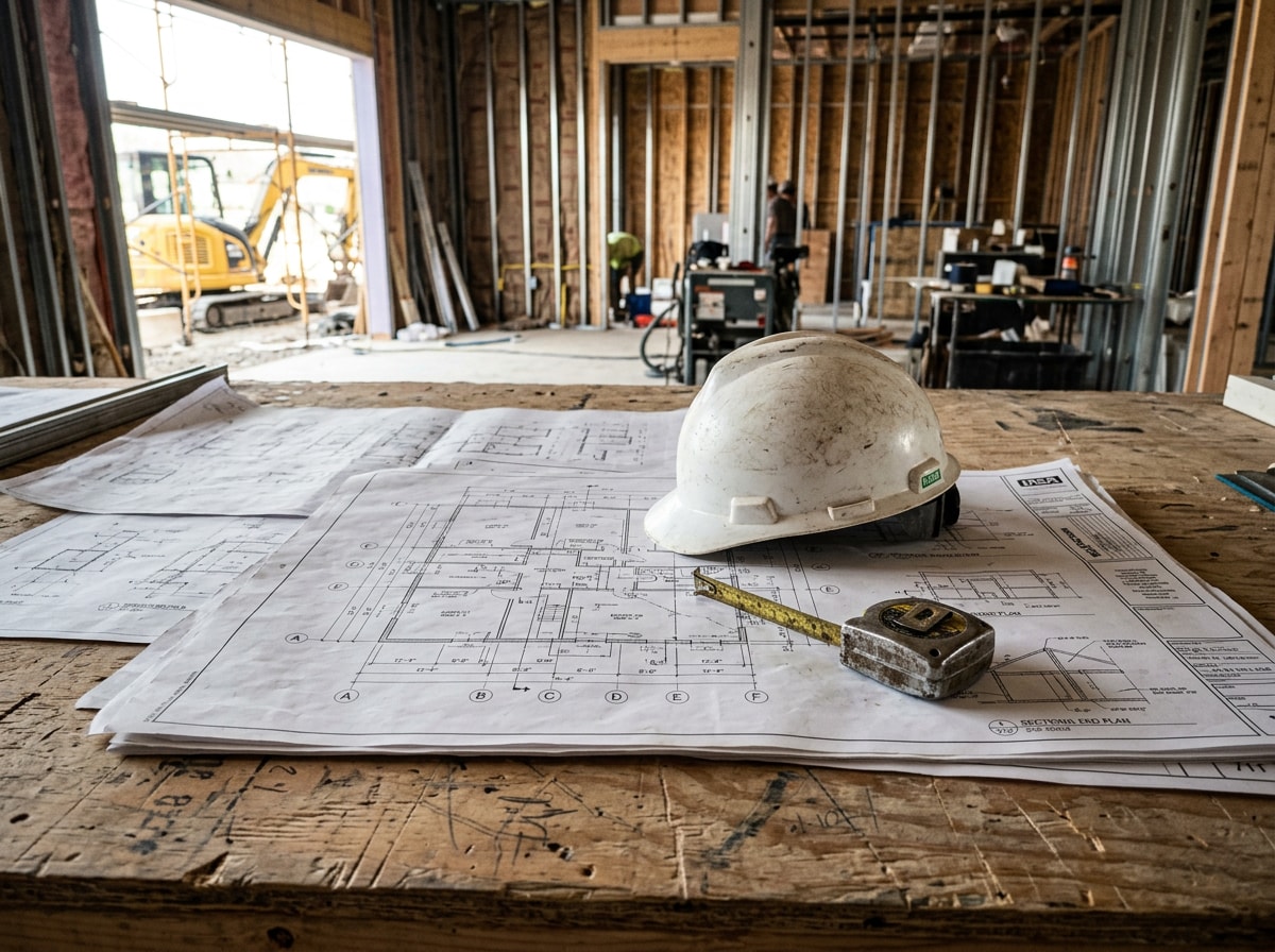 Commercial contractor and architect reviewing building plans on a Gig Harbor jobsite