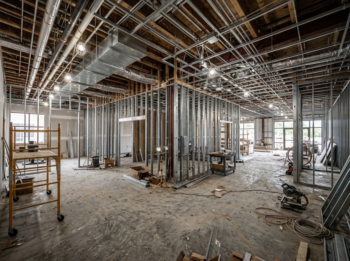 Interior of a commercial building mid-remodel showing exposed framing and mechanical rough-in work