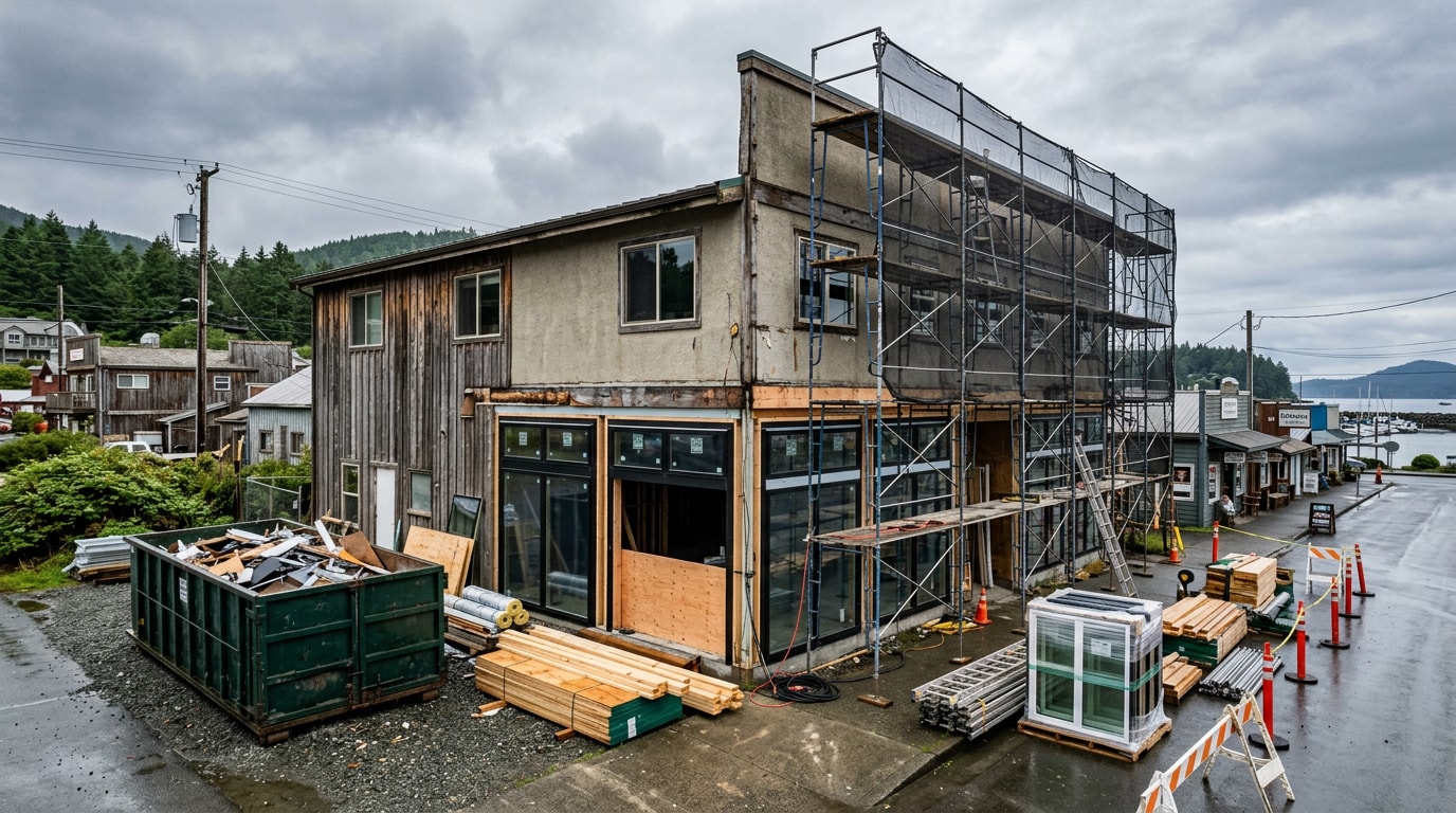 Exterior of a commercial building undergoing remodeling in Gig Harbor, WA with scaffolding Exterior of a commercial building undergoing remodeling in Gig Harbor, WA with scaffolding