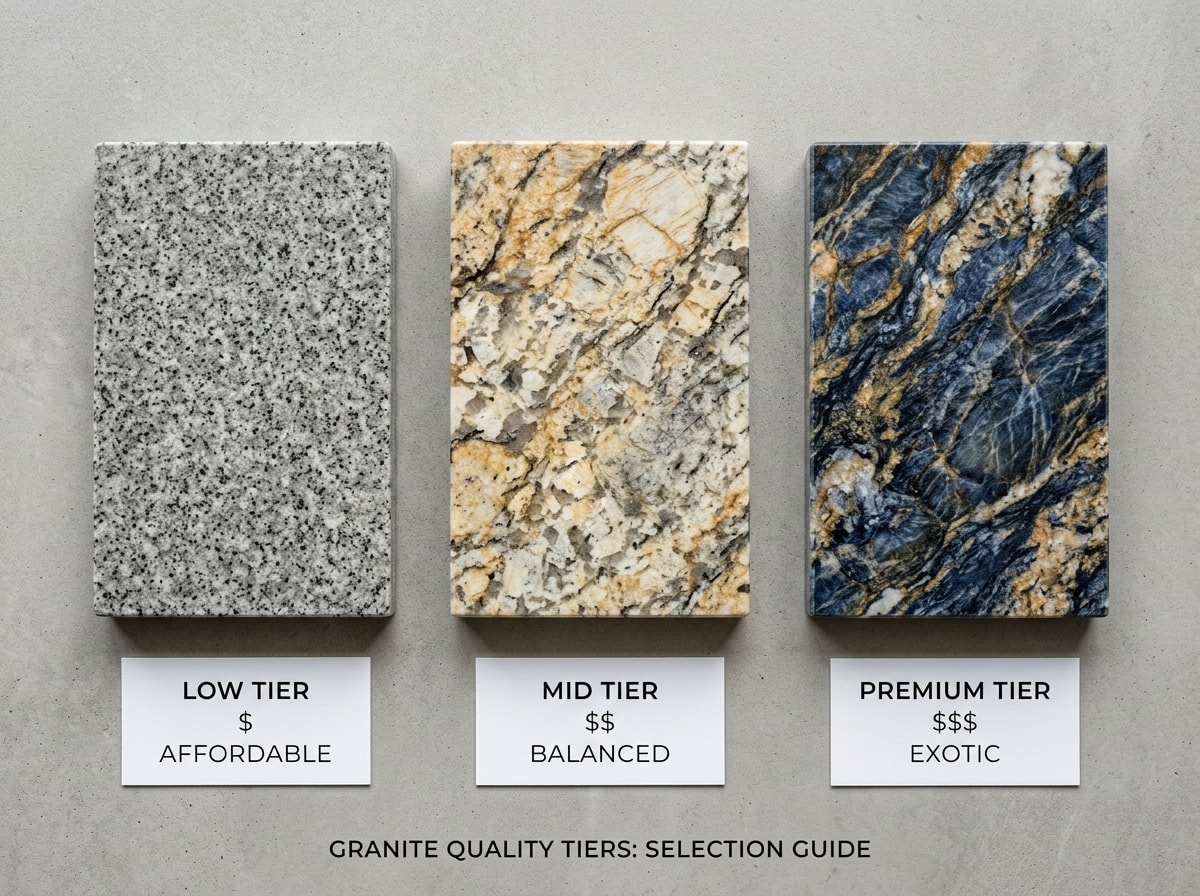 Side-by-side granite countertop pricing comparison chart showing low, mid, and premium slab tiers