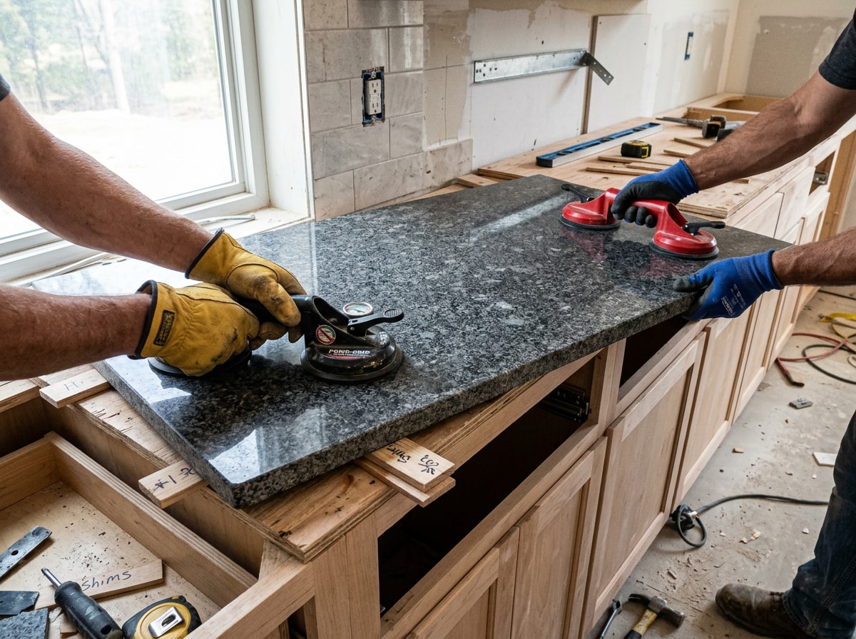 Professional installation crew setting a granite slab into place in a Tacoma kitchen