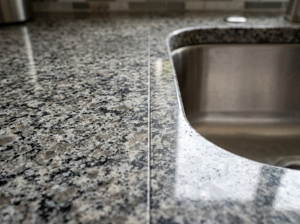 Close-up of a granite seam and sink cutout showing precise edge work