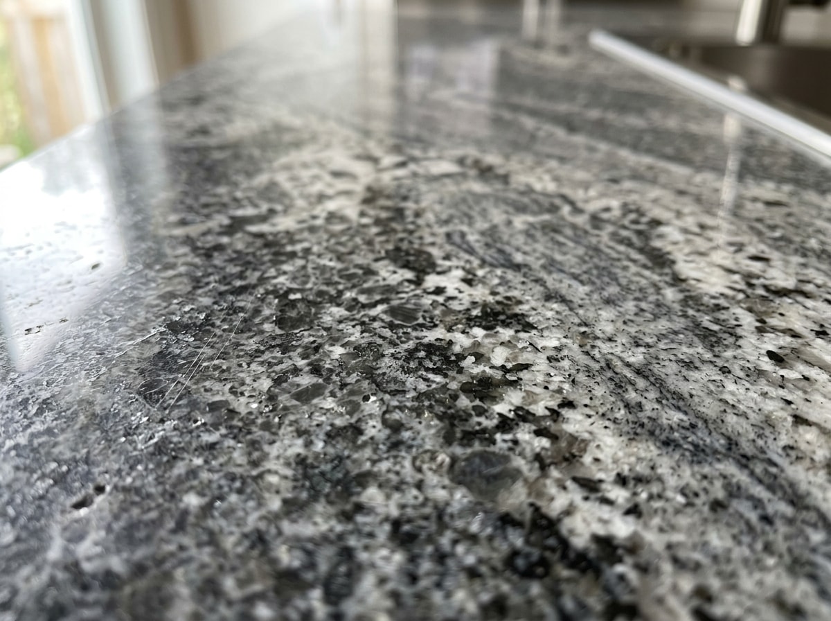 Close-up of a polished granite countertop surface showing natural stone pattern and veining
