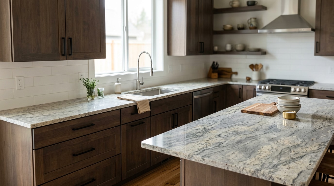 Finished granite countertop installation in a Tacoma, WA kitchen Finished granite countertop installation in a Tacoma, WA kitchen