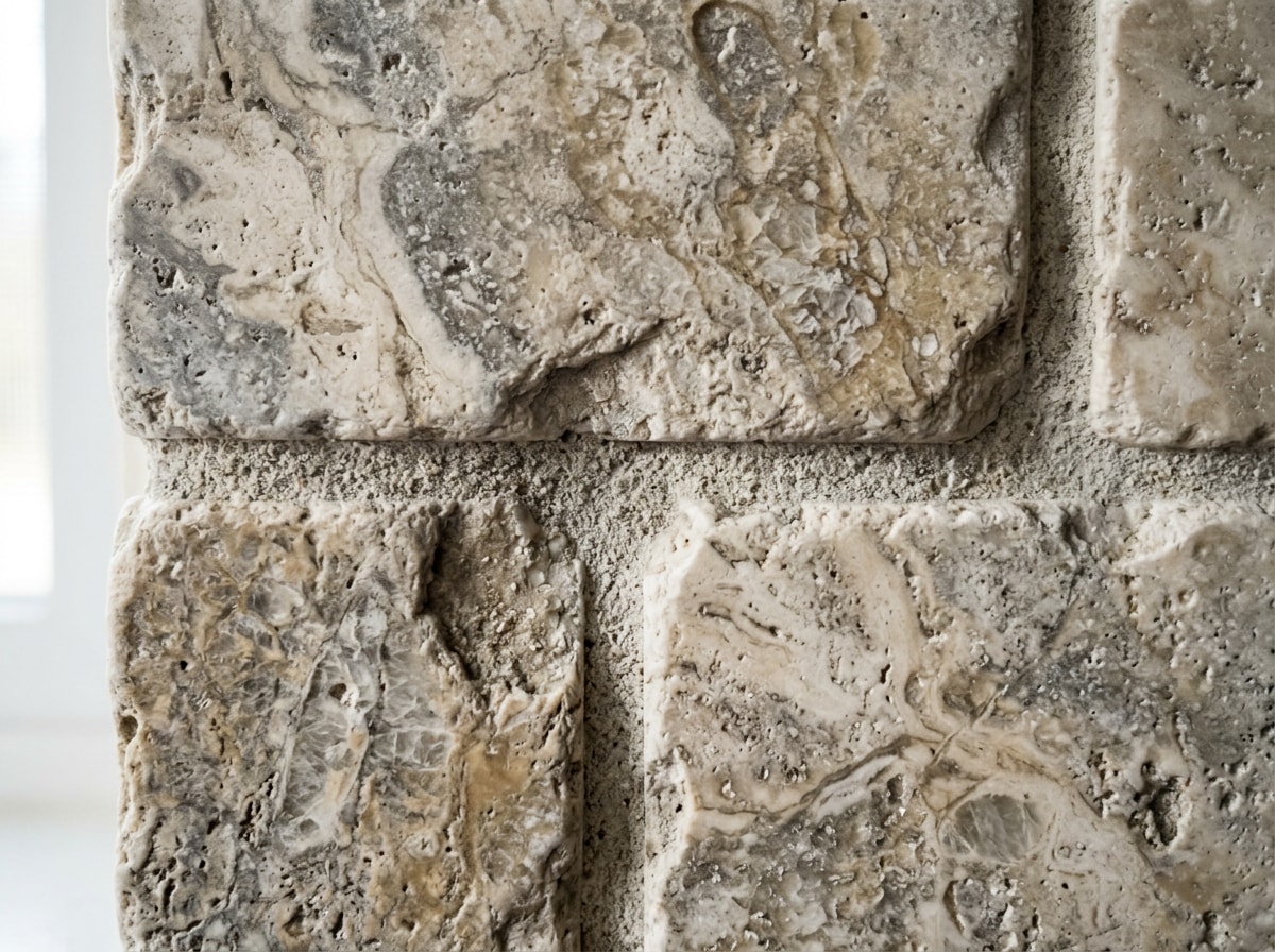 Close-up of textured natural stone tile backsplash showing grout lines and surface detail