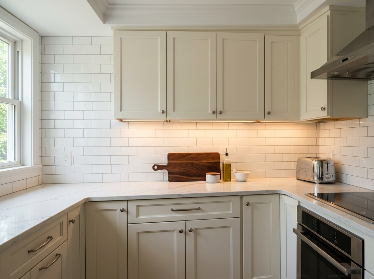 Classic white subway tile backsplash installed in a running bond pattern