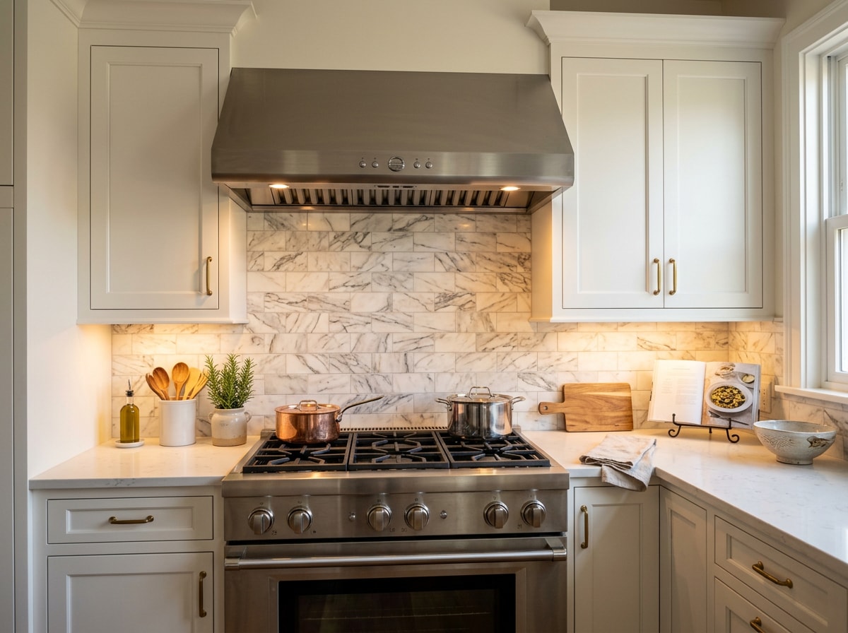 Marble backsplash with natural veining installed behind a kitchen range