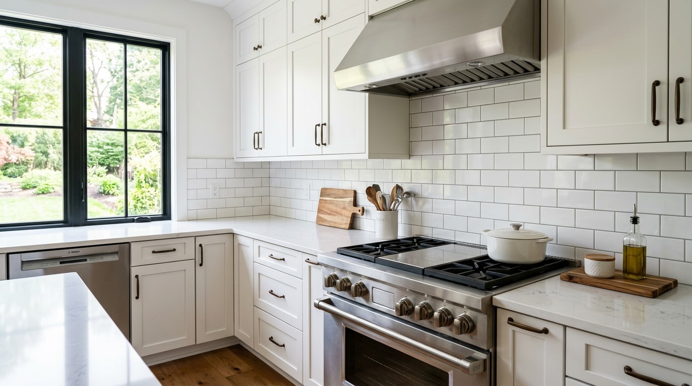Newly installed subway tile backsplash in a Pierce County kitchen above a quartz countertop