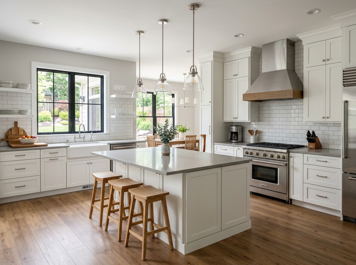 Transitional Auburn WA kitchen remodel featuring shaker cabinets, quartz countertops, and subway tile backsplash