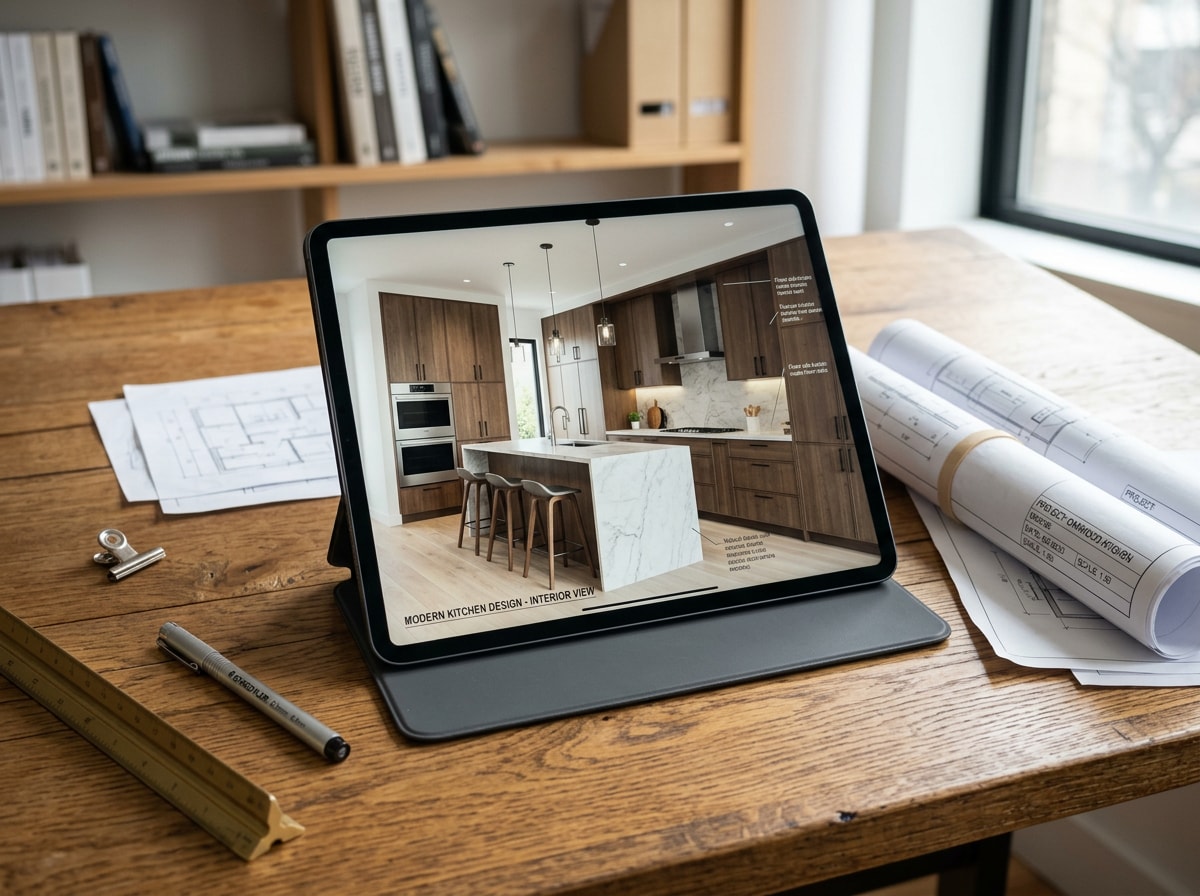 3D kitchen design rendering showing proposed cabinet layout and finishes before construction begins