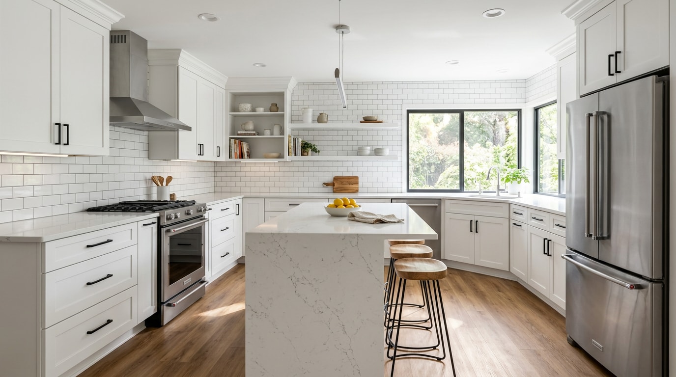 Finished kitchen remodel with shaker cabinets, quartz countertops, and subway tile backsplash Finished kitchen remodel with shaker cabinets, quartz countertops, and subway tile backsplash