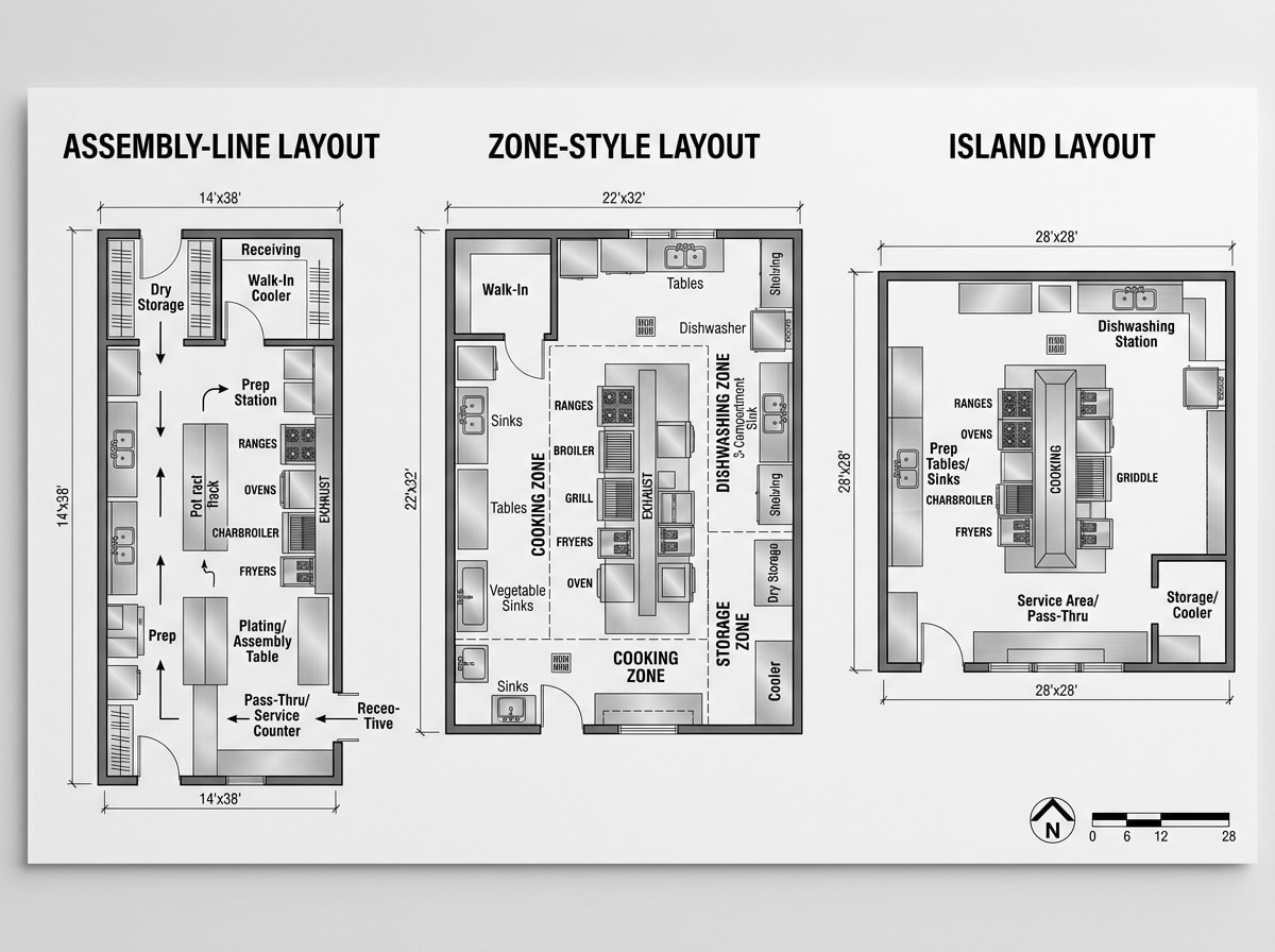Diagram comparing assembly-line, zone-style, and island commercial kitchen layout types