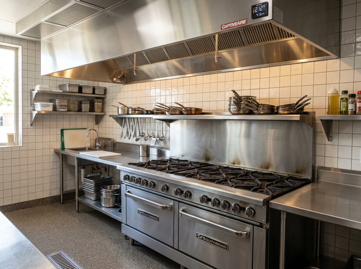 Renovated restaurant kitchen with new stainless steel equipment and updated commercial flooring