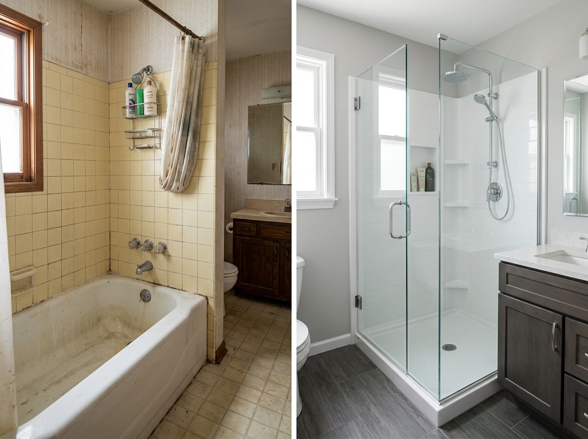 Before and after photo of a tub-to-shower conversion in a Tacoma bathroom showing new walk-in shower base installation