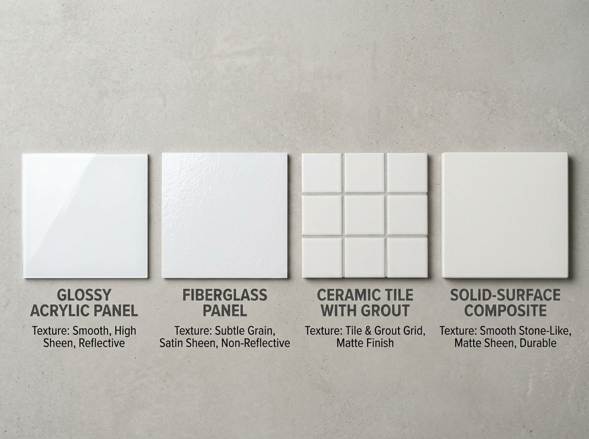 Comparison chart of acrylic, fiberglass, tile, and solid-surface shower materials for moisture resistance and maintenance