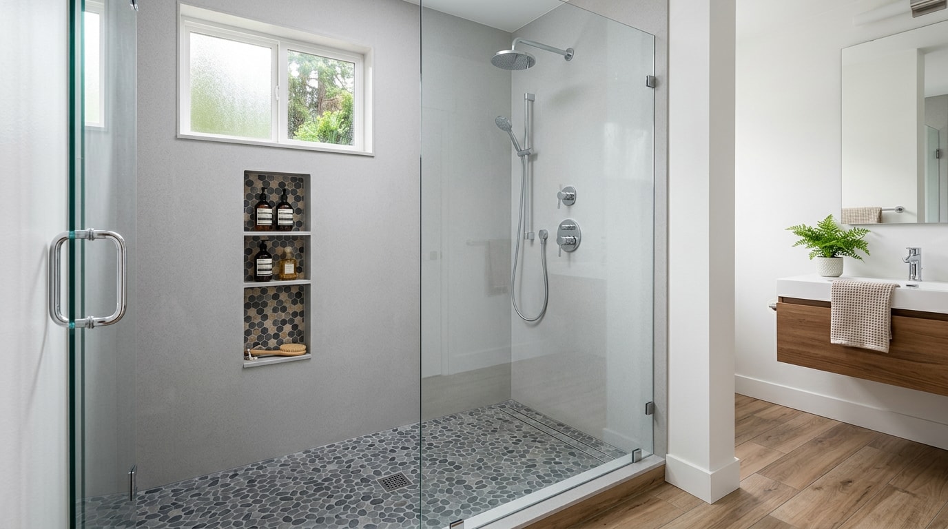 Finished walk-in shower conversion in a Tacoma, WA bathroom Finished walk-in shower conversion in a Tacoma, WA bathroom