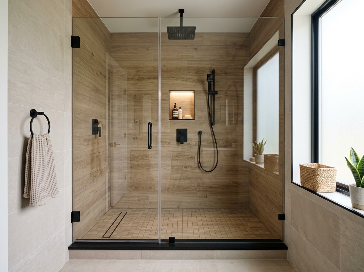 Modern walk-in shower with frameless glass panels and neutral tile in a Gig Harbor, WA home