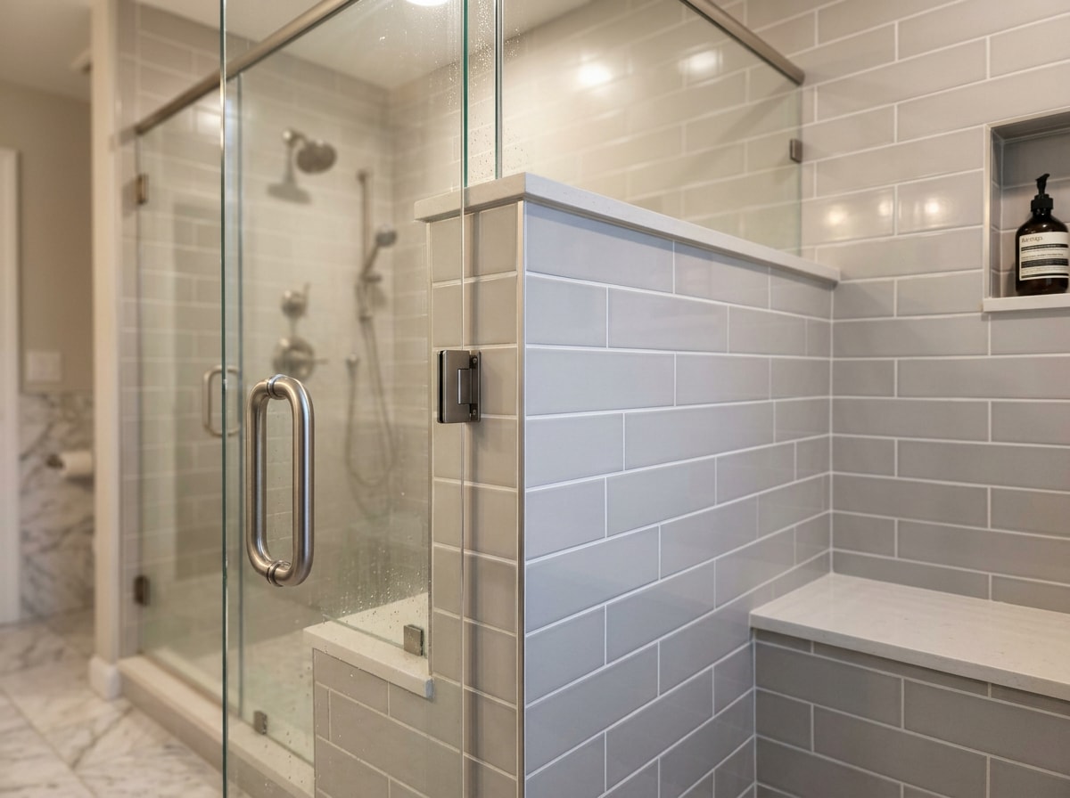Semi-frameless glass shower door and tile wall in a renovated Gig Harbor bathroom