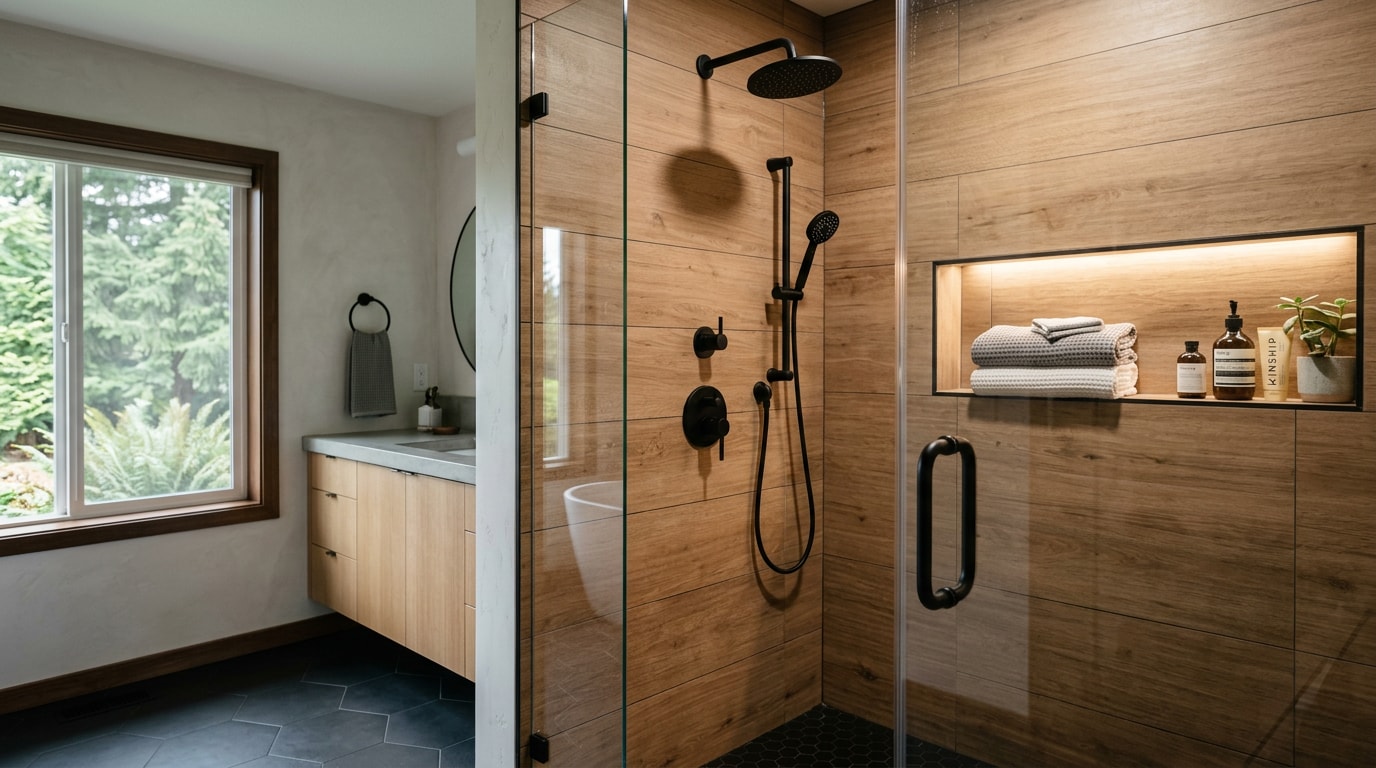 Finished modern walk-in shower remodel with frameless glass and neutral tile in a Gig Harbor, WA home Finished modern walk-in shower remodel with frameless glass and neutral tile in a Gig Harbor, WA home
