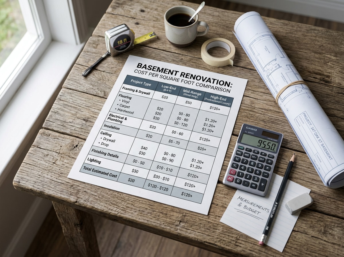 Cost comparison table showing small basement renovation price per square foot across Seattle, Bellevue, and Kent-Renton in King County