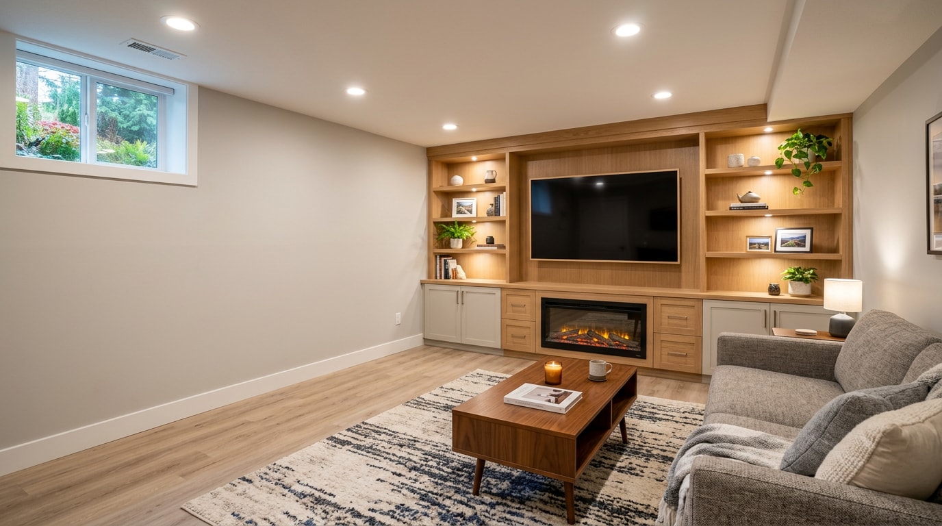 Finished small basement renovation with media wall and recessed lighting in a King County, WA home Finished small basement renovation with media wall and recessed lighting in a King County, WA home