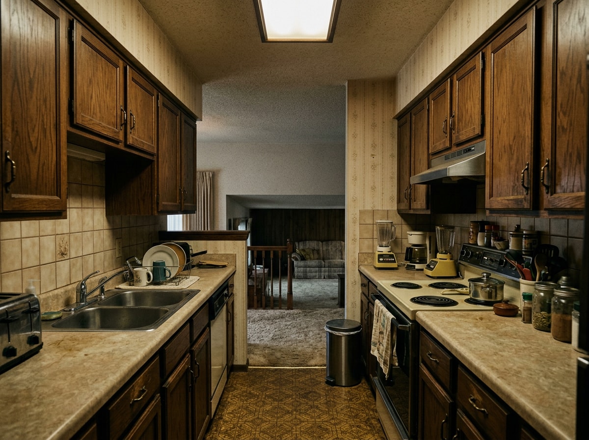 Dated 1970s split-level kitchen with partial walls and narrow galley layout before remodel