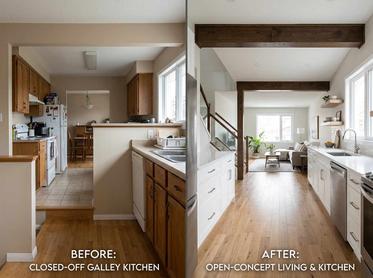 Before and after photo of an open-concept split-level kitchen after wall removal