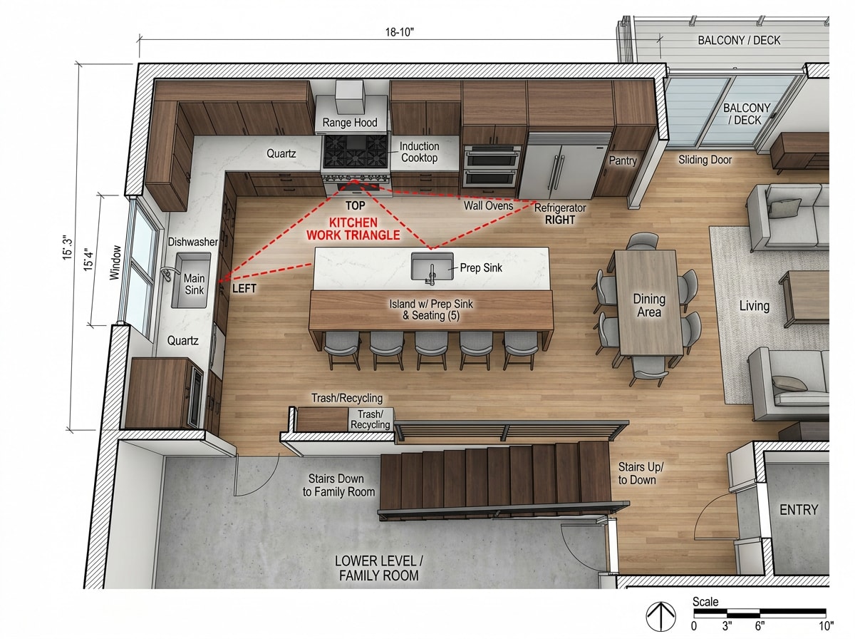 L-shaped kitchen layout diagram with island placement in a split-level home