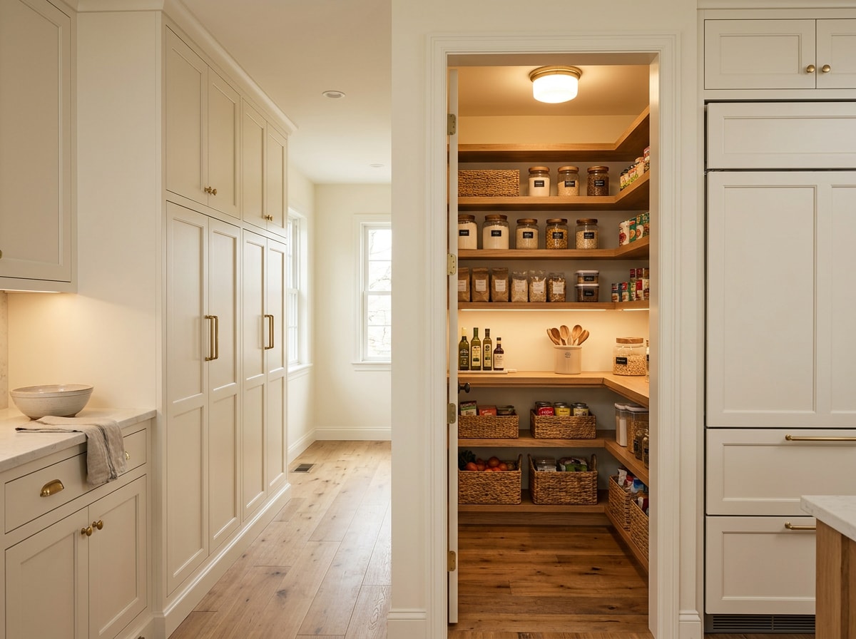 Tall kitchen cabinets and converted pantry with adjustable shelving in a remodeled kitchen