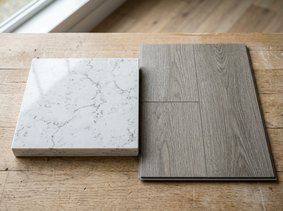 Quartz countertop and LVP flooring samples for a split-level kitchen remodel