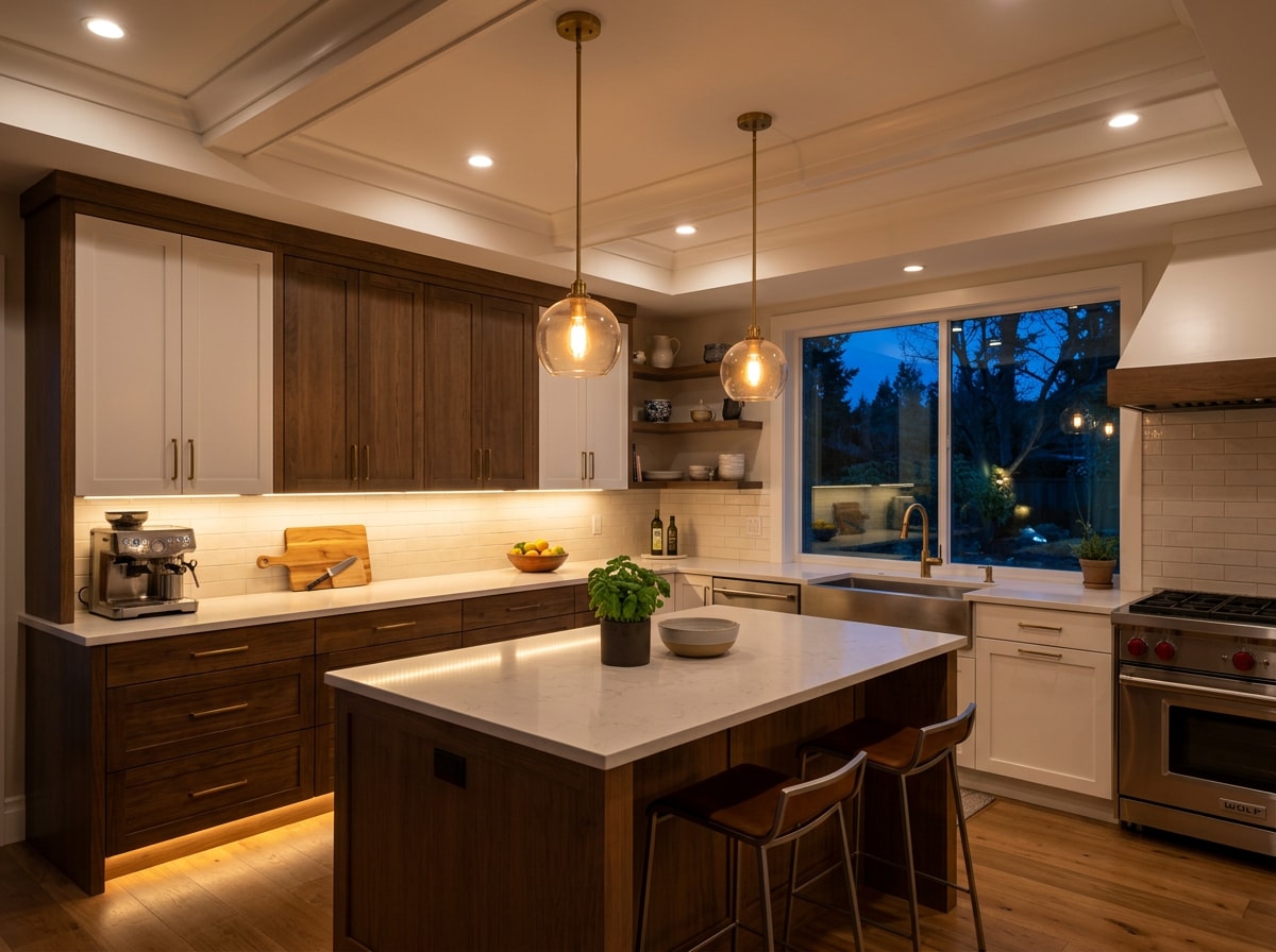 Layered kitchen lighting with recessed lights, pendants, and under-cabinet LED strips