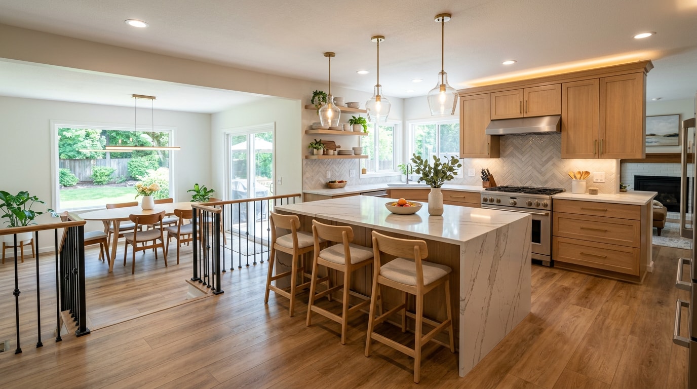 Remodeled split-level kitchen with open-concept layout, island, and layered lighting