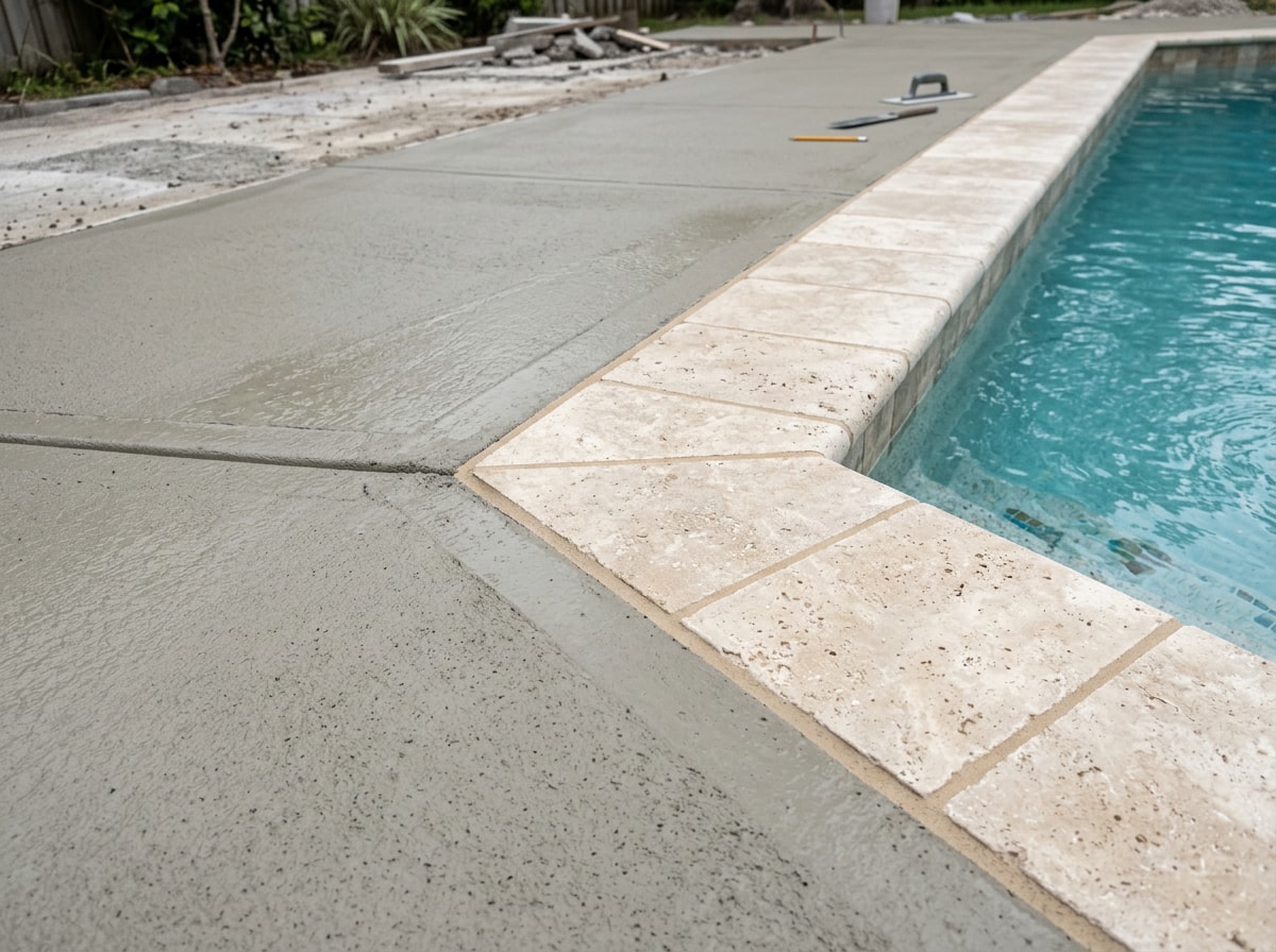 Pool deck and coping tile replacement during a King County remodel, showing new tile edge against freshly poured concrete decking