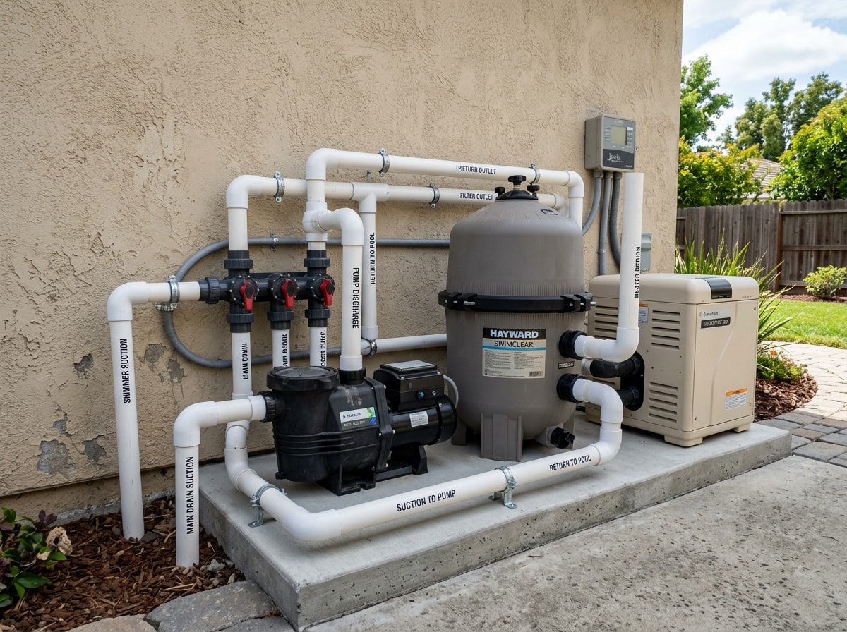 Finished pool equipment pad with variable-speed pump and updated filtration after a King County pool remodel