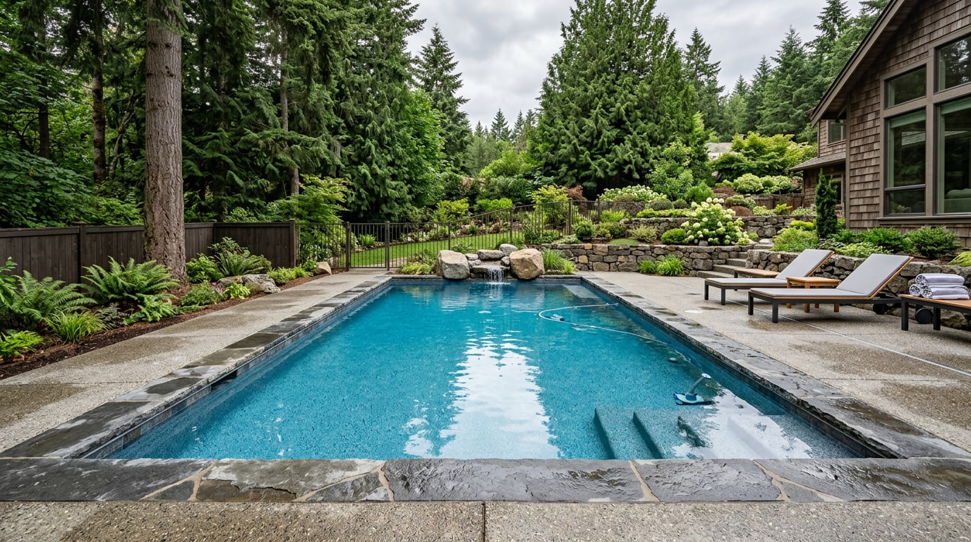Remodeled backyard swimming pool with new coping and resurfaced finish in King County, WA Remodeled backyard swimming pool with new coping and resurfaced finish in King County, WA