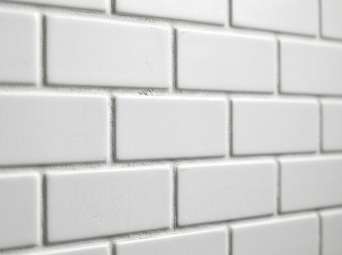 close-up of a traditional offset subway tile pattern on a solid-surface tub surround panel