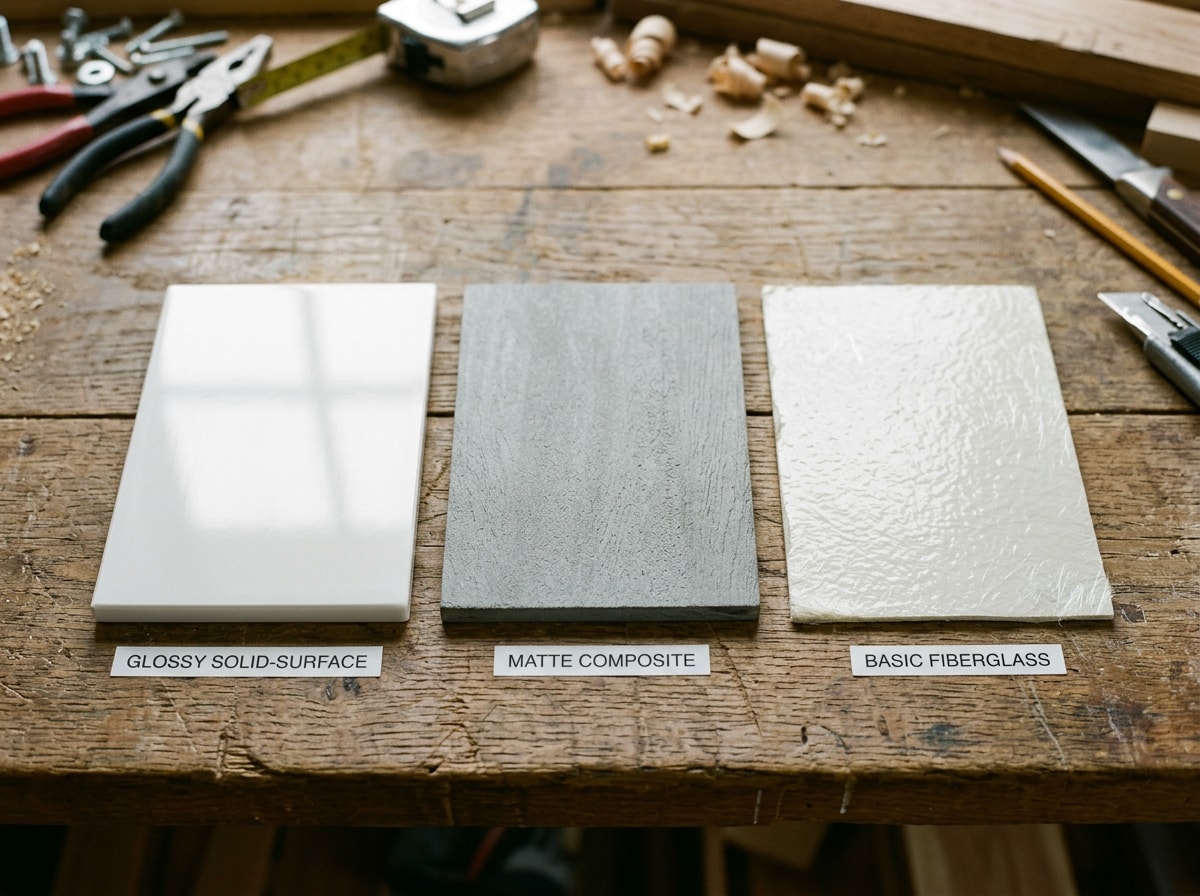 side-by-side swatch comparison of Swanstone, Novaline, and Veritek tub surround finishes
