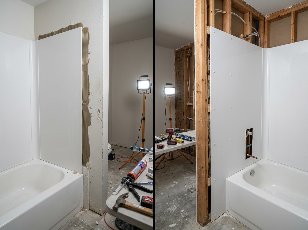 diagram comparing glue-up versus nail-up tub surround installation methods