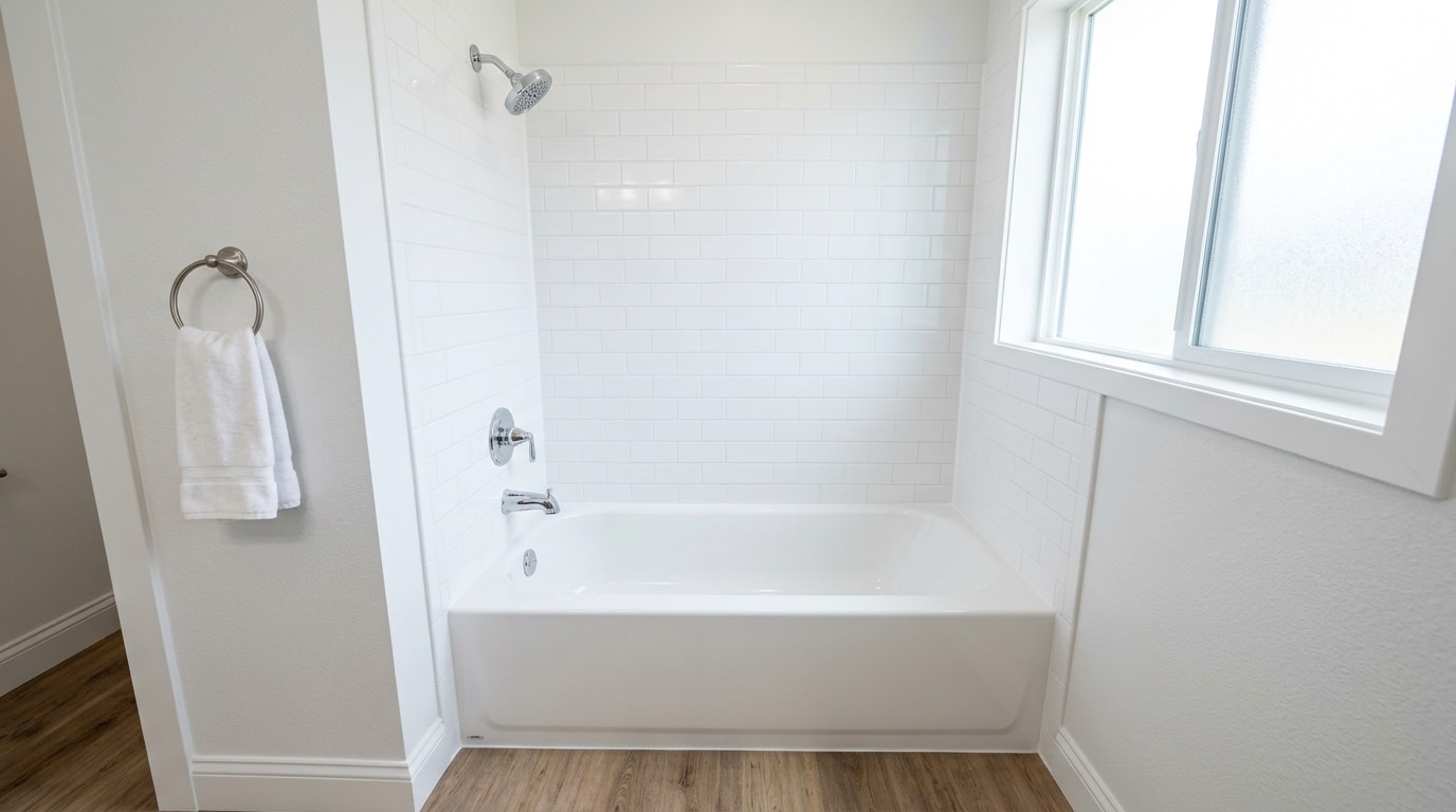 Finished tub surround kit installation in a bright Olympia, WA bathroom Finished tub surround kit installation in a bright Olympia, WA bathroom
