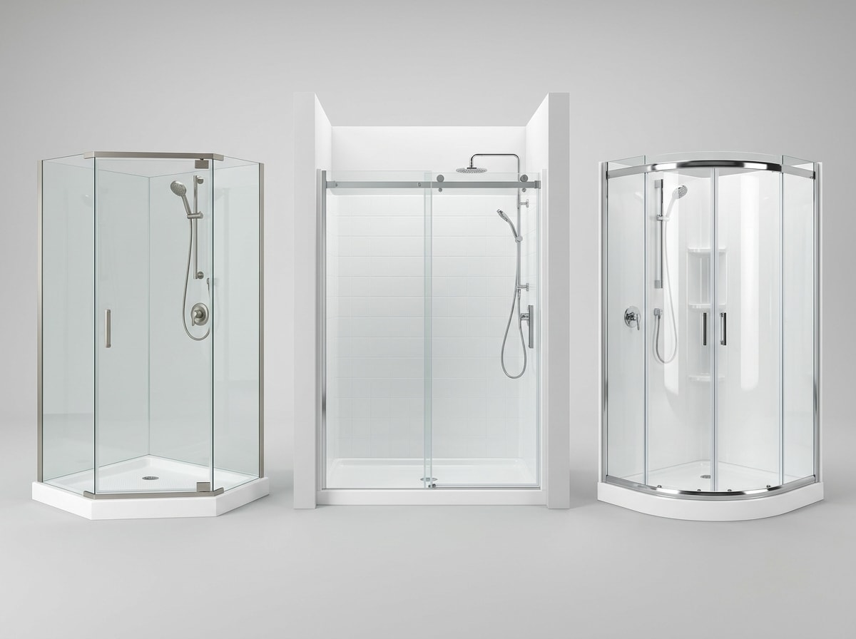 Comparison of prefab shower stall shapes including neo-angle, alcove, and curved designs