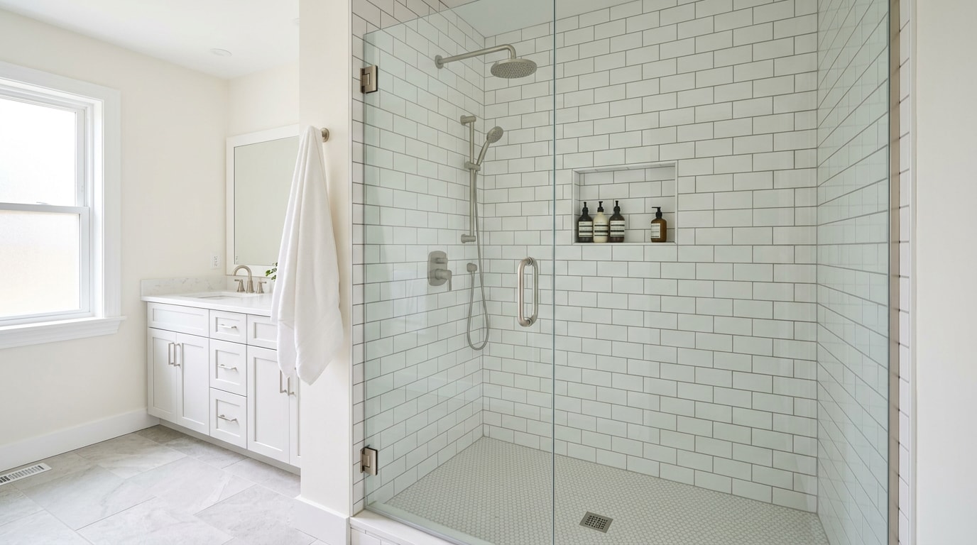 Finished tub to shower conversion with tiled walk-in shower and glass door Finished tub to shower conversion with tiled walk-in shower and glass door