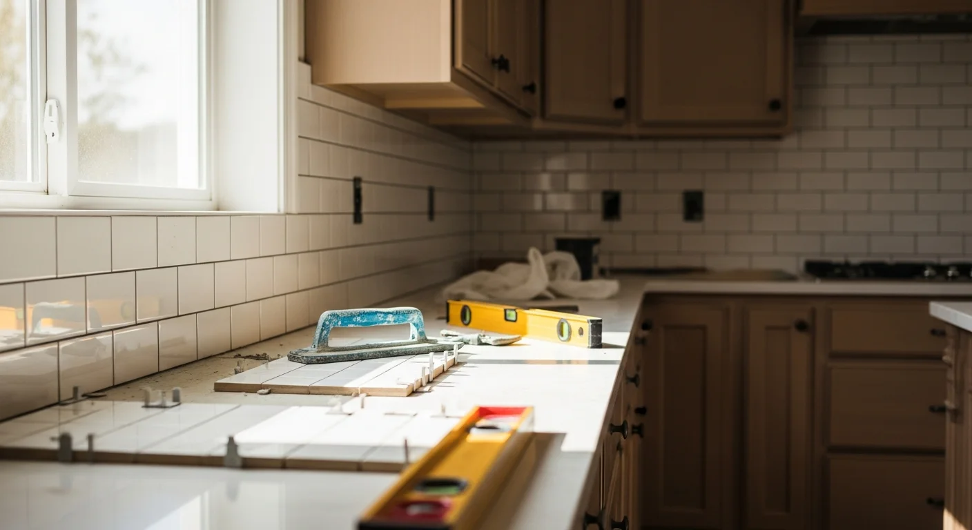 Modern kitchen with updated tile backsplash and countertops